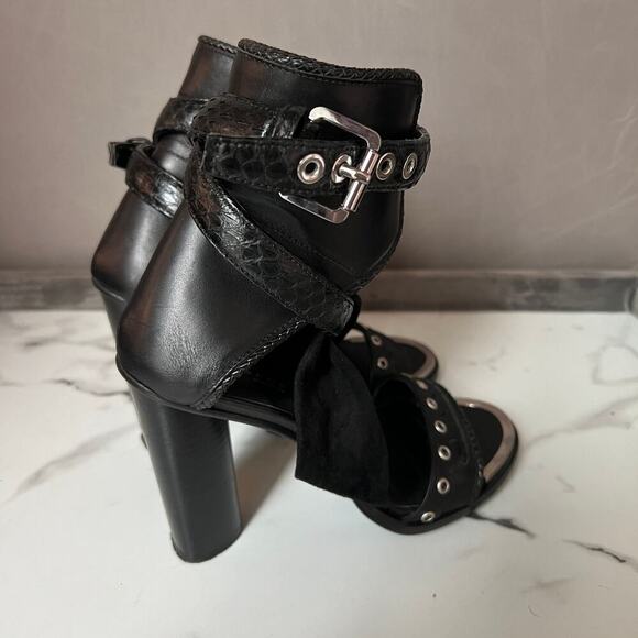 Barbara Bui Black Leather Grommet Buckle Gladiator Heels Size 37.5 - Picture 9 of 12